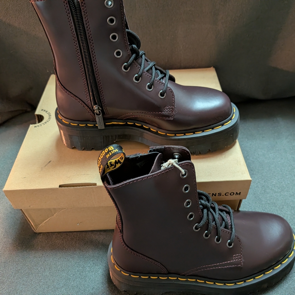 Dr. Martens Burgundy Jadon Combat Boots with Yellow Welt Stitching